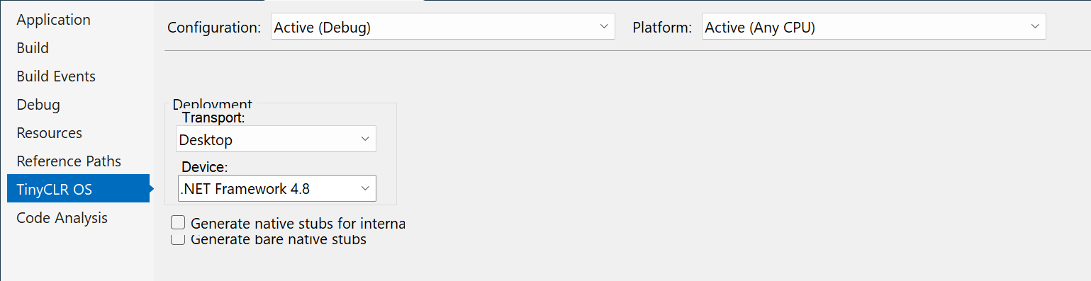 TinyCLR OS project properties — Transport set to Desktop, Device .NET Framework 4.8
