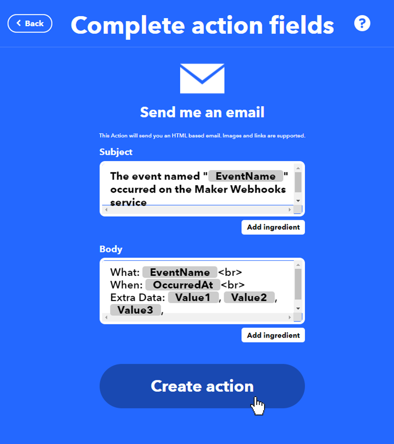 IFTTT Complete action fields