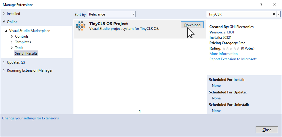 Installing the TinyCLR extension in Visual Studio