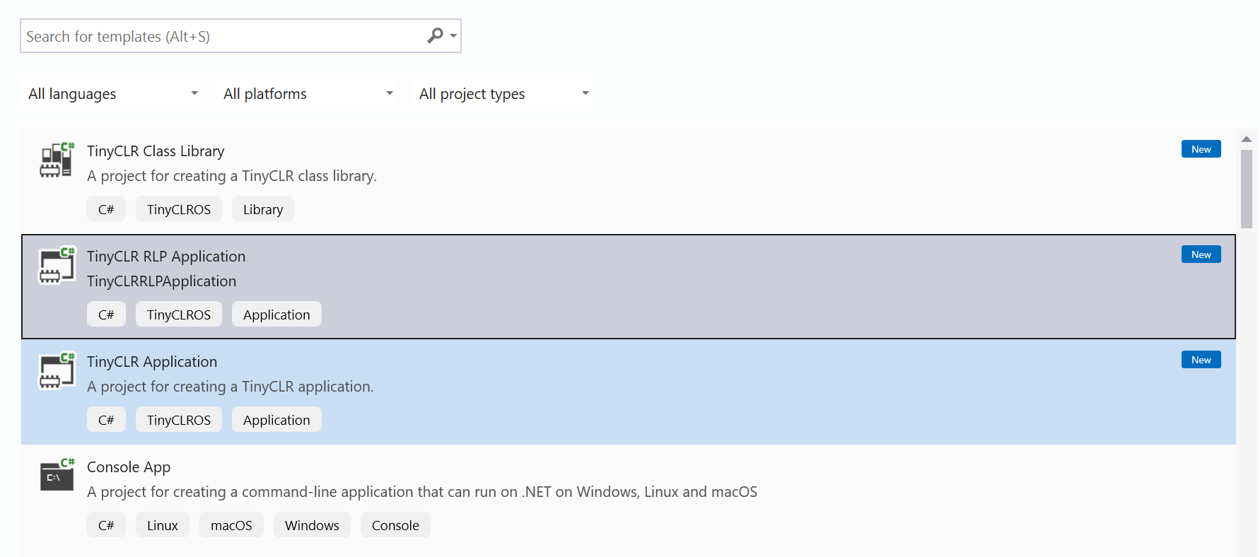 Selecting the TinyCLR RLP Application template in Visual Studio's New Project dialog