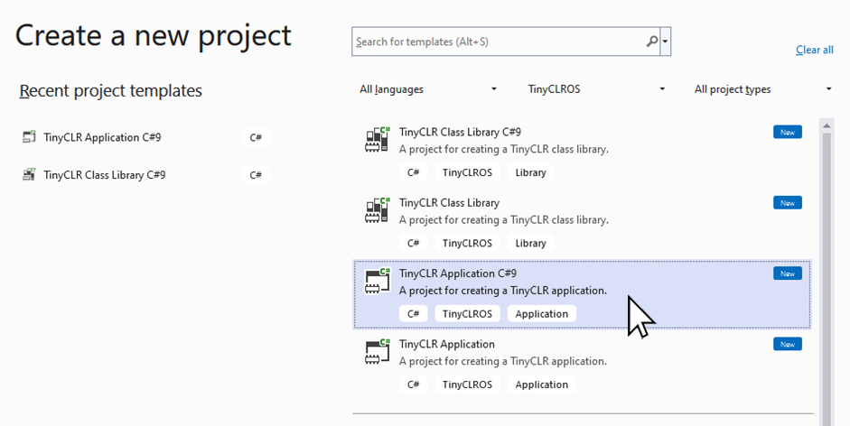 Select the C# TinyCLR Application template