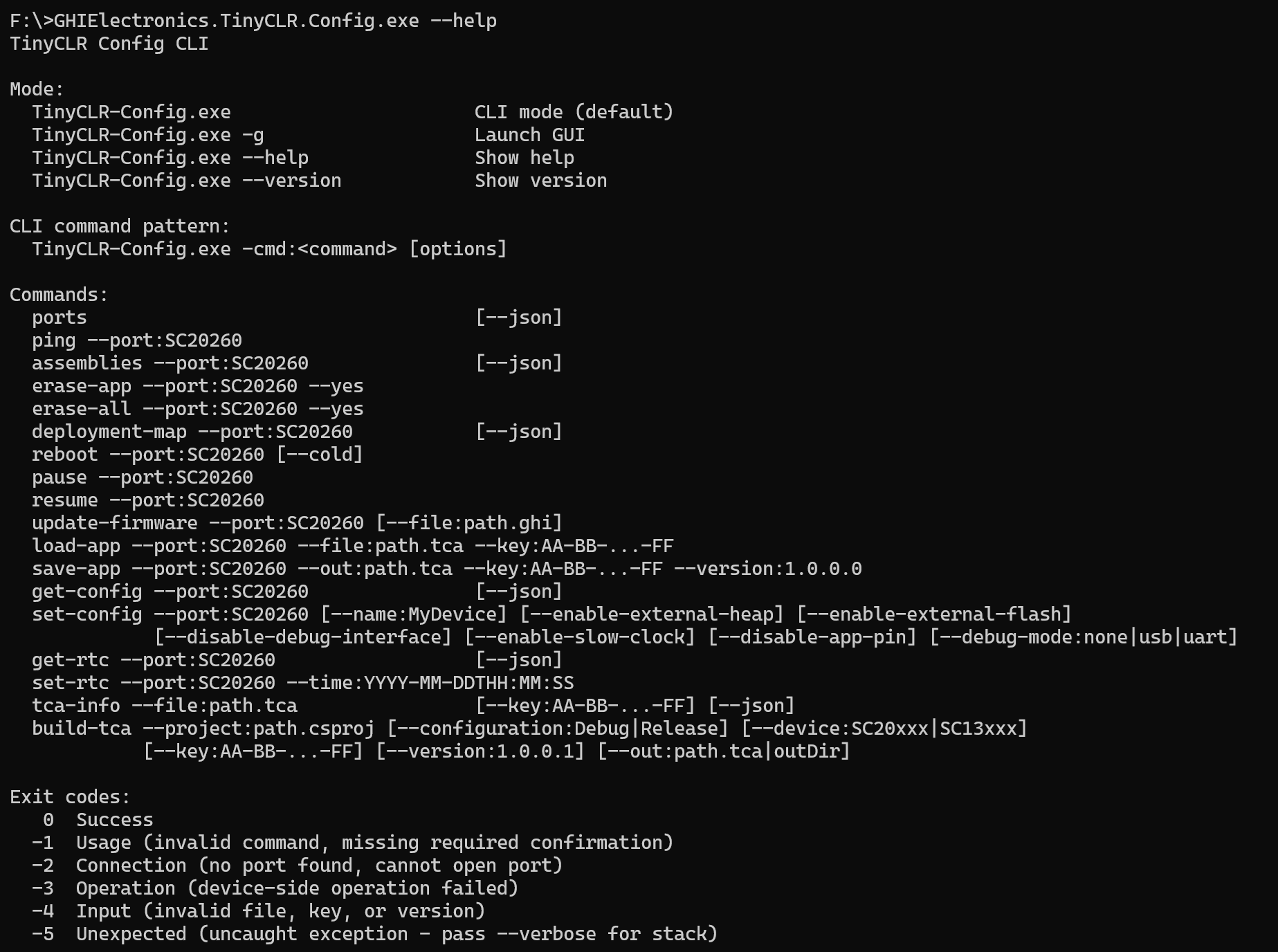 TinyCLR Config CLI help